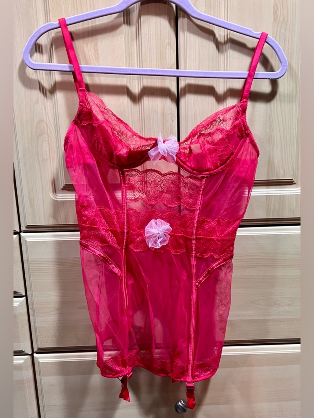 Victoria's Secret Hot Pink Lace & Mesh Chemise with Rosette Accents